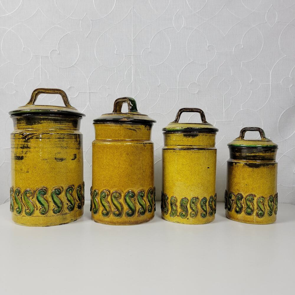 Set of 4 Vintage Baldelli Pottery Ceramic Cookie Canisters with Lid Green Italy